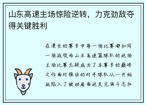 山东高速主场惊险逆转，力克劲敌夺得关键胜利