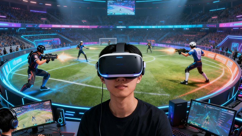 VR电竞观赛概念展示图，一名用户佩戴着VR头显设备，在虚拟电竞赛场中以360度自由视角观看比赛，画面中可以看到虚拟选手角色在身边进行激烈对战，沉浸感十足。