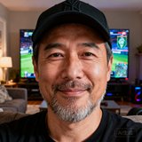 一位35岁左右的资深电竞观众头像，留着短胡须，戴着黑色棒球帽，表情沉稳而满足，背景是家庭客厅中的大屏幕电视正在播放电竞赛事。