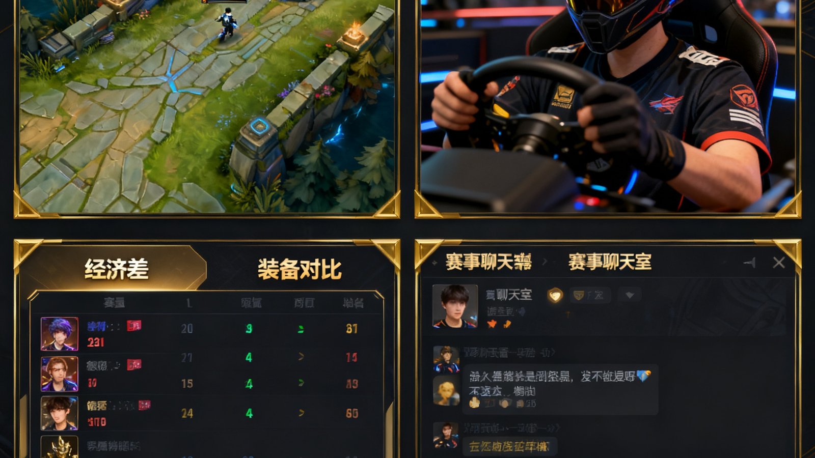 雷竞技多视角观赛功能界面截图，画面被分割为四个区域：左上角展示俯视全局地图视角，右上角为选手第一人称操作视角，下方左侧是实时数据统计面板显示经济差和装备对比，下方右侧为赛事聊天室弹幕互动区，整体UI采用深色主题配金色边框。