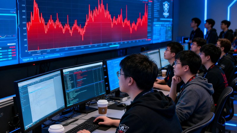 2018年英雄联盟S8全球总决赛期间雷竞技后台监控中心，大屏幕实时显示同时在线人数峰值突破420万，多条红色负载曲线剧烈波动，技术团队十余人紧盯监控屏幕，手边放着咖啡和应急方案手册，气氛紧张而有序。
